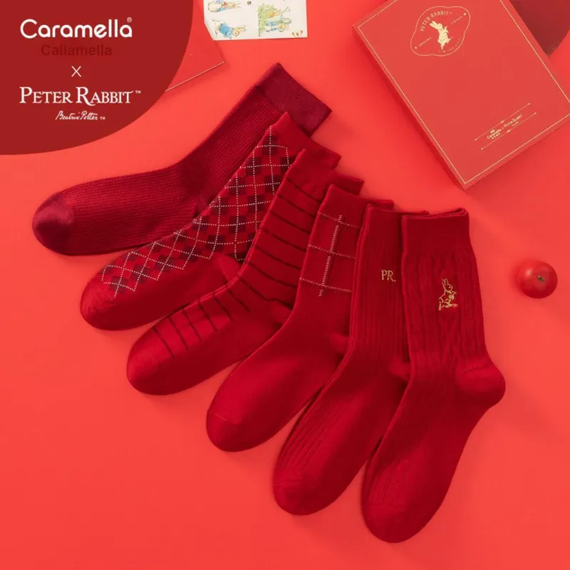 Caramella x Peter Rabbit Mid Calf Socks Unisex 6 Pack Red-3