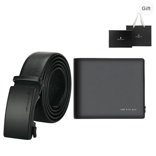 MEXICAN Multiple Card Slots 50% Off Wallet Set Cow Leather Automatic Buckle Belt Men's Black 3.5CM