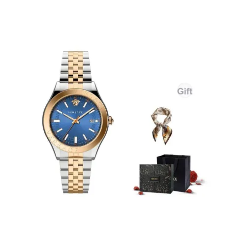 VERSACE Мужские часы Кварцевый механизм Ремешок из нержавеющей стали 42 мм Синий циферблат Ограниченная серия Удача Коробка + шелковый шарф