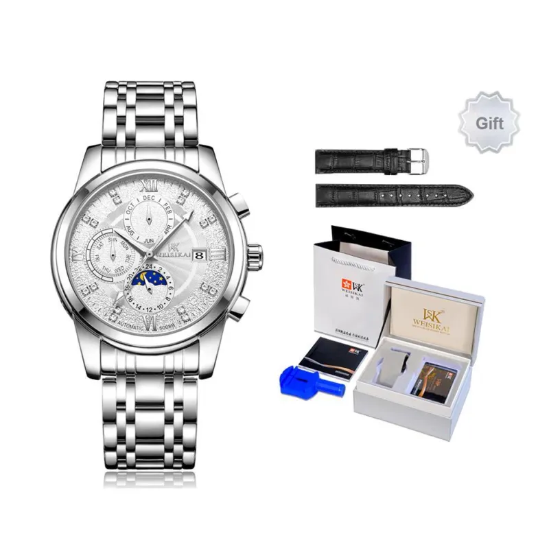 WSK Automatic Mechanical Movement Steel Strap Women's Watch White Dial-0
