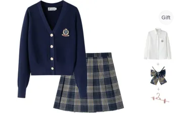 Tokyo Season Uniforms Women's Dark Blue Sweater+Yellow Green Plaid Skirt, Comes With Free Shirt+Boxer