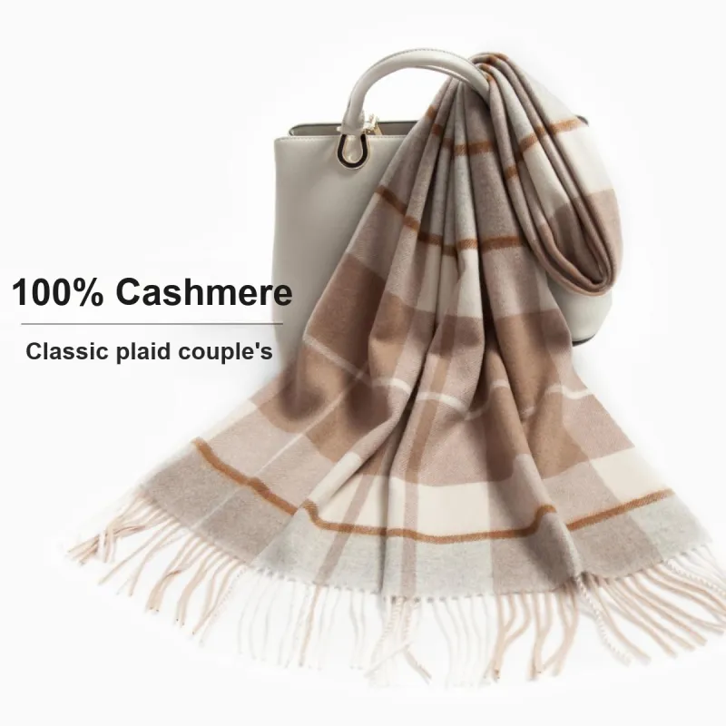 Shanghai Story 100% Cashmere Knit Scarves Unisex Beige And Orange Check Gift Box Set-29