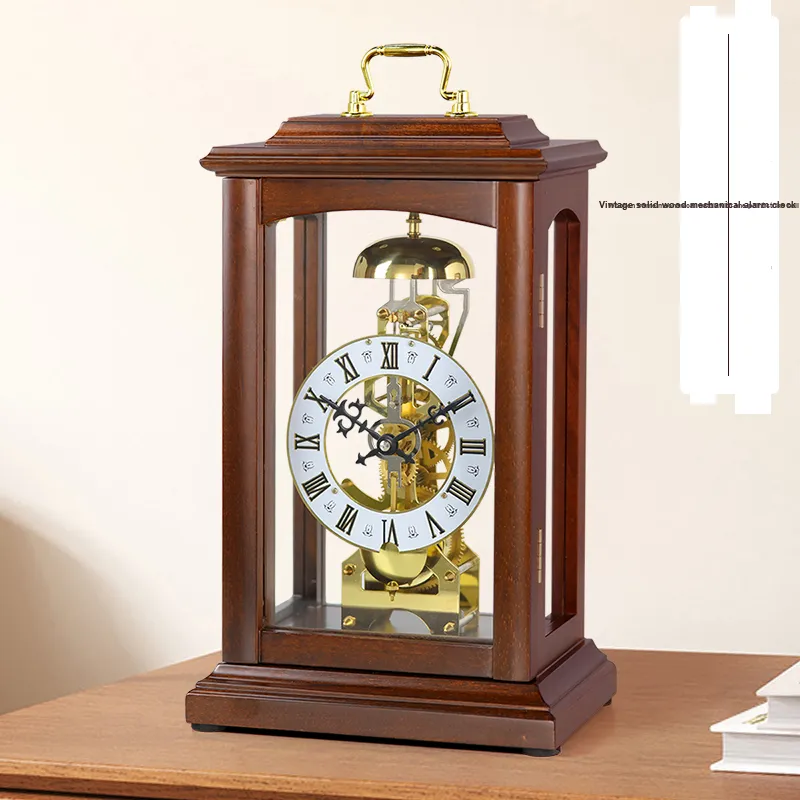 HENSE Mechanical Movement Wooden Desk Clock Unisex Silver Dial HD03-1