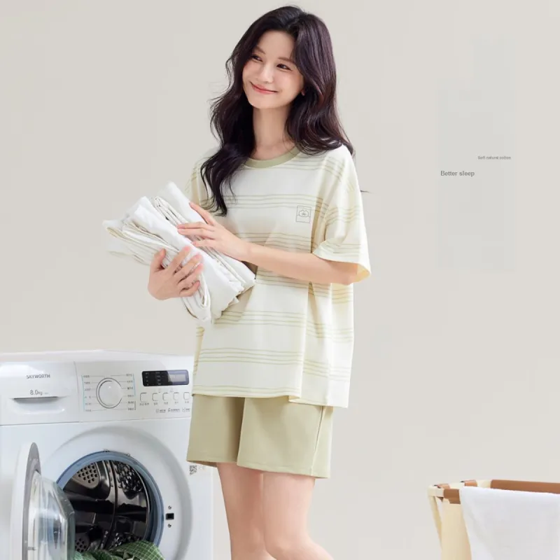 Urban Beauty Pajama Set Loungewear Short Sleeved Outerwear Ready Couple Stripes Basic Women's 2 Piece Set Light Green-3