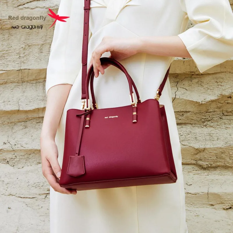 RED DRAGONFLY Cow Leather Handbag Women's Red/Black-4