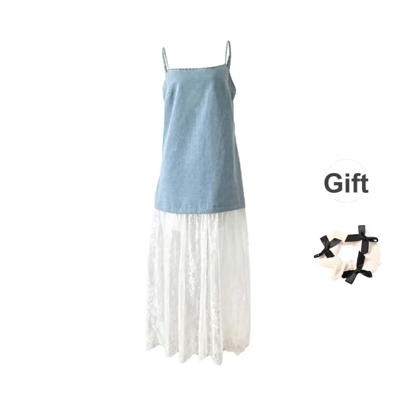 TURN UP Slip Dresses Women's Blue White+Bowknot Hair Tie Comes With-0