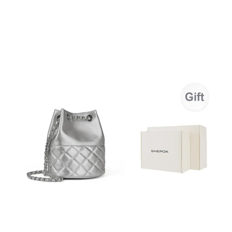 SHEPOK Cow Leather Shoulder Bag Women's Ecru/Silver/Black-6