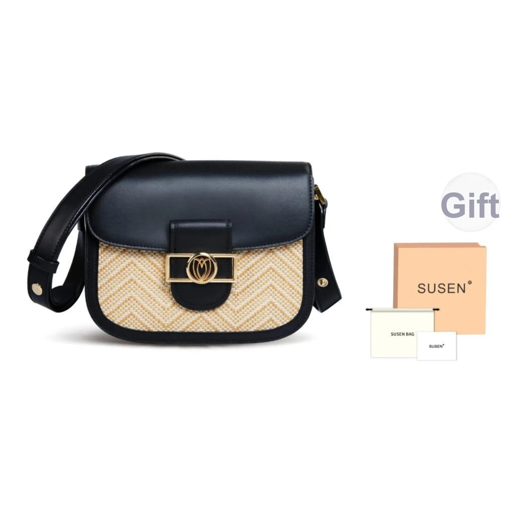 SUSEN Eco Friendly Technical Fabric Saddle Bag, Straw Bag, Shoulder Bag Regular Women's Black