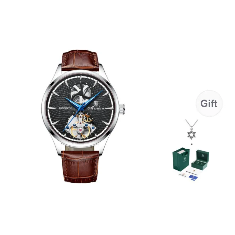 MESDUN Mechanical Movement Genuine Leather Strap Watch Men's Watches Silver Dial-9