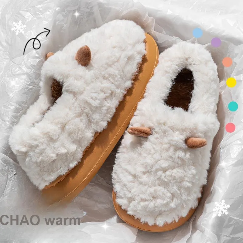 Foot Recreation 3D Effect Small Ears Solid Color Fleece Slippers Winter Home Indoor Warm Cotton Home Slippers Unisex-4