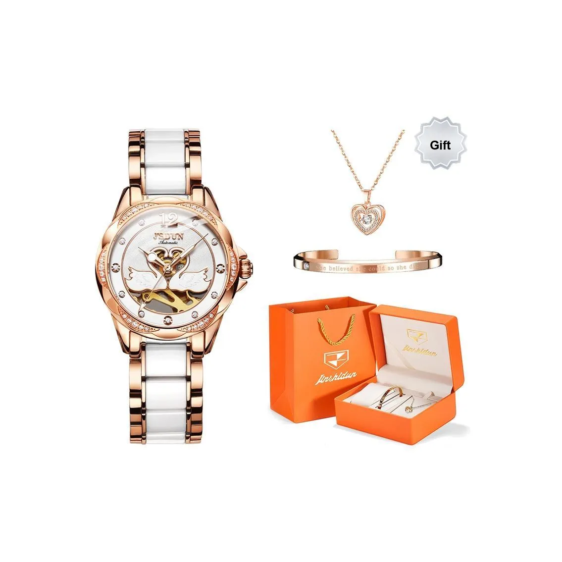 Jin Shi Dun Hollow Heart Design Box Механические Часы Женские Часы Белый Циферблат