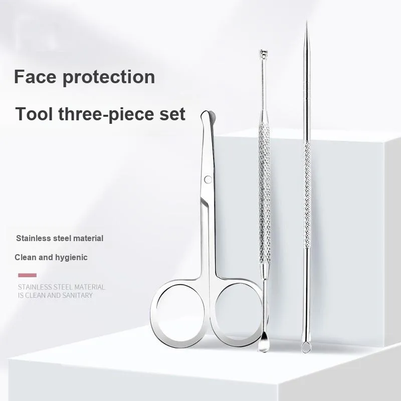 JINGLINGLONG Face Protective Tool Three-Piece Set Cellulose Nose Hair Clipper Ear Pick Acne Needle And Pimple Extractor-7