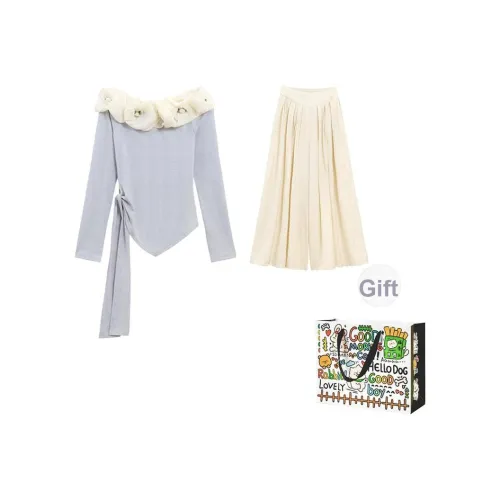 OURUOKE Повседневный комплект Женский топ Синий Юбка Нюдовый