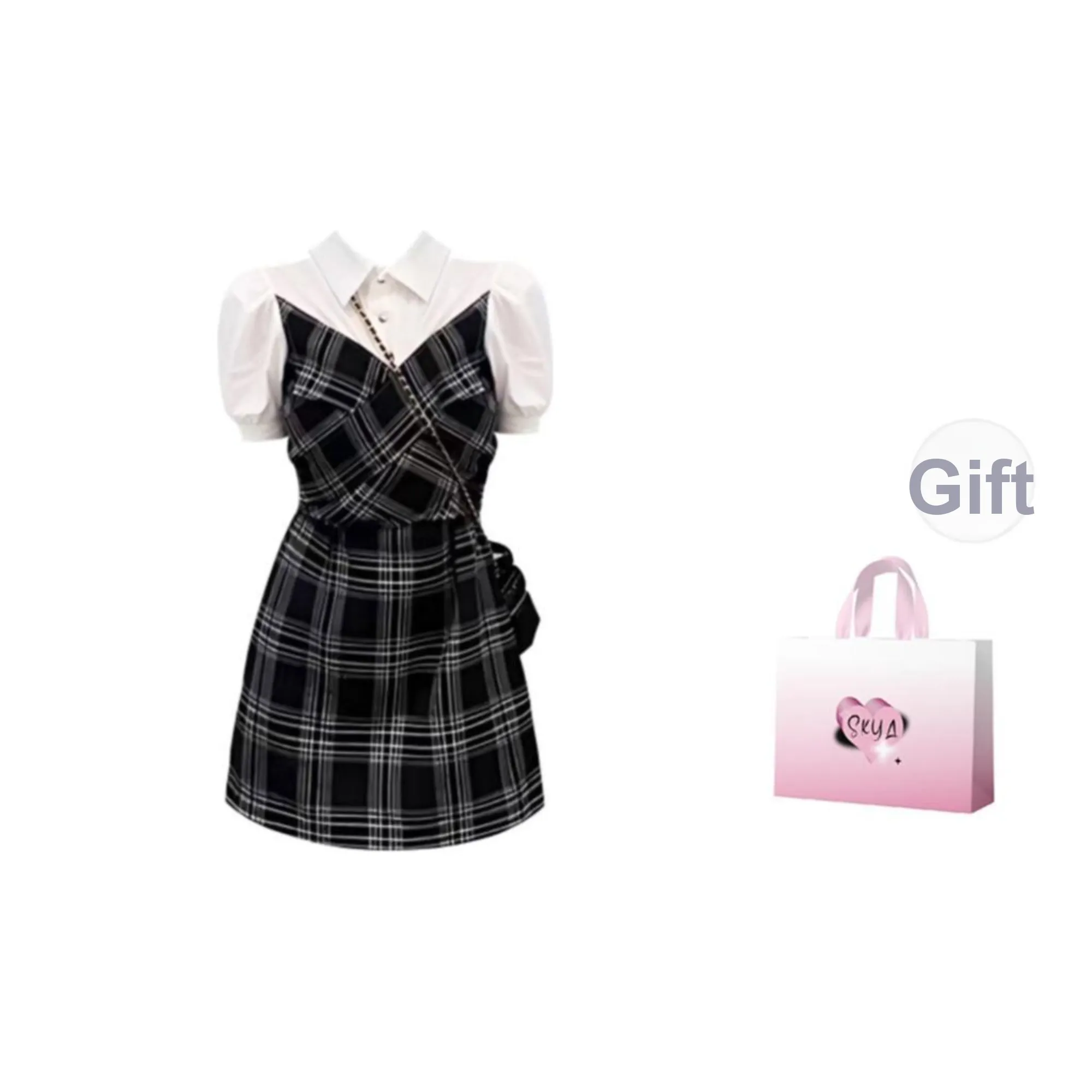 SKYA Short Sleeved Dress Women's Black Plaid