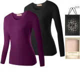 Women's 2 Pcs Top (Purple+Black) Thickened and Fleece-Lined/Lace Trims Crew Neck