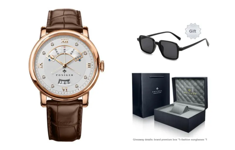 PONIGER Trident Watch Fashion Business Automatic Mechanical Movement Genuine Leather Strap Men's Watches White Dial-15