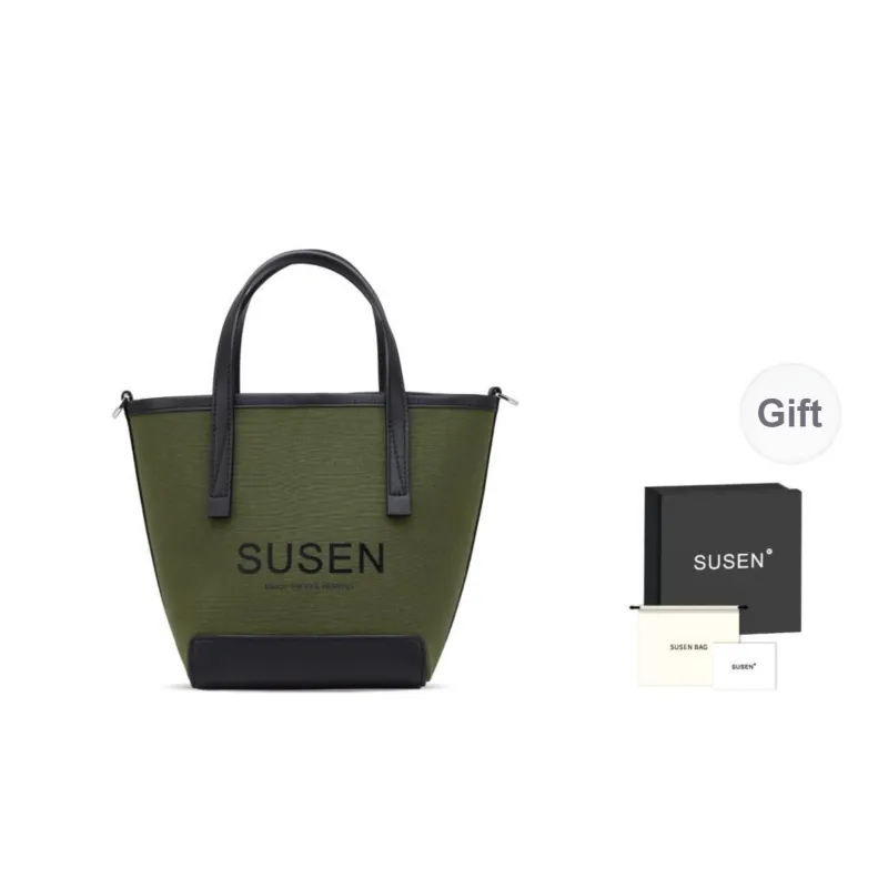 SUSEN Canvas Bag Basket Bag Bucket Bag One Shoulder Handbag Unisex Ecru/Black/Army Green-2