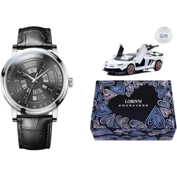 LOBINNI L Automatic Mechanical Movement Cowhide Strap Watch Men's Watches Black Dial