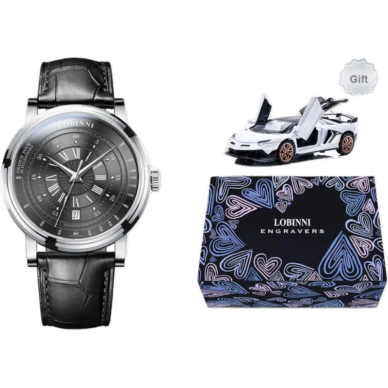 LOBINNI L Automatic Mechanical Movement Cowhide Strap Watch Men's Watches Black Dial-0