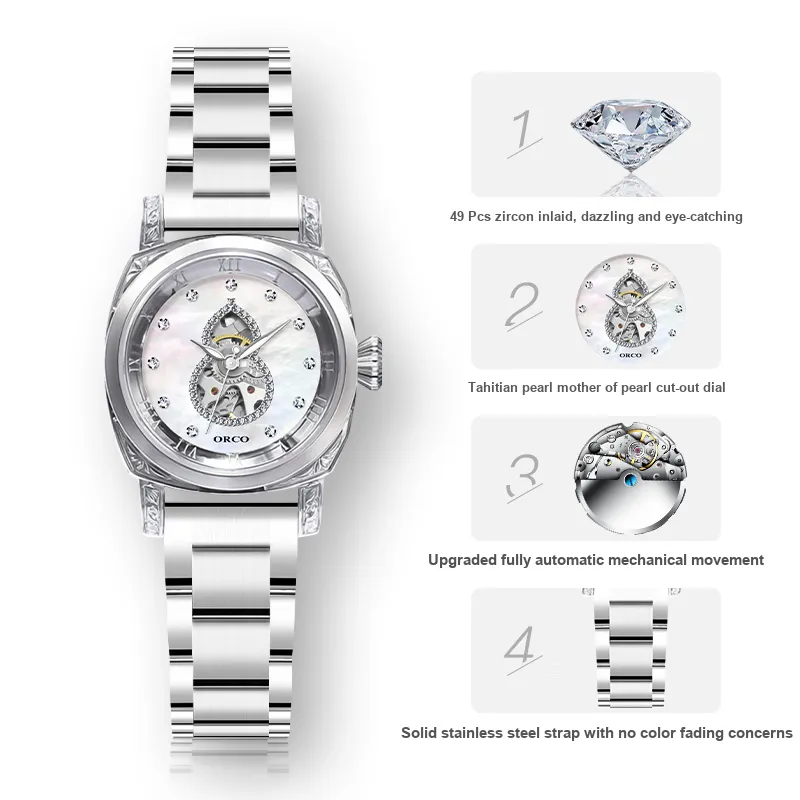 ORCO Automatic Mechanical Movement Watch Women's Watch White Dial-10