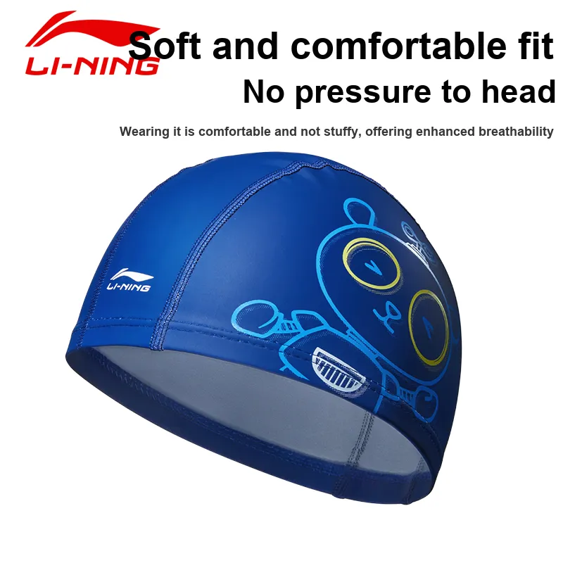 LiNing Fabric-Coated Swim Cap PU Kids' 23-26CM Black Blue-3