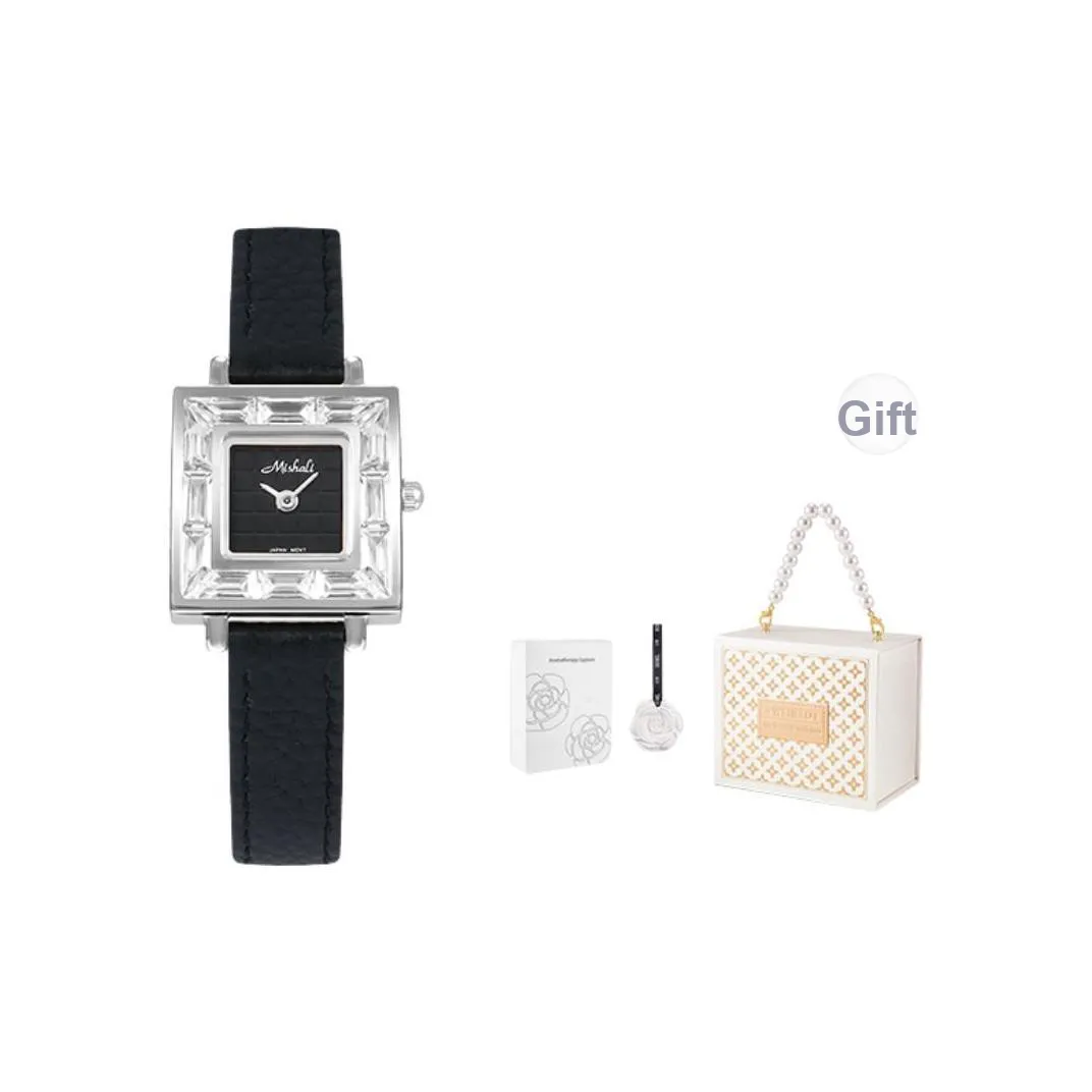 MISHALI Small Square Watch Collection Кварцевый механизм Кожаный ремешок Часы Женские Черный циферблат