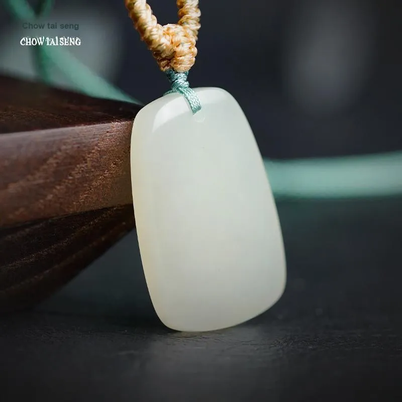 CHOW TAI SENG Hetian Jade Necklace Pendant, Everyday Travel Peaceful Versatile Style Pale Greenish White Jade Unisex-2