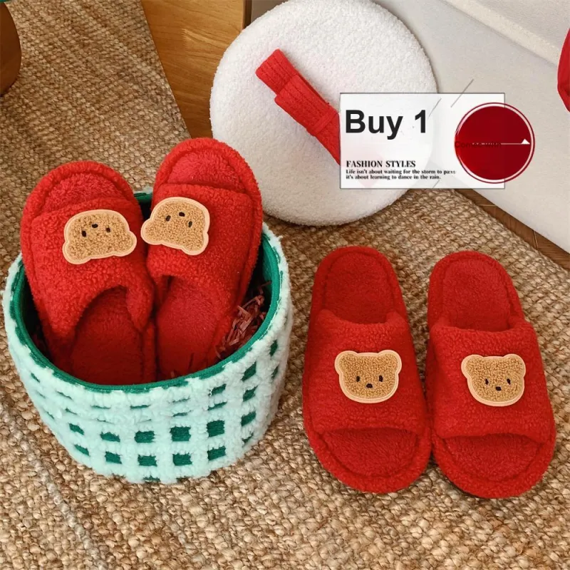 Thin Strips Cotton Slippers Unisex, Red-3