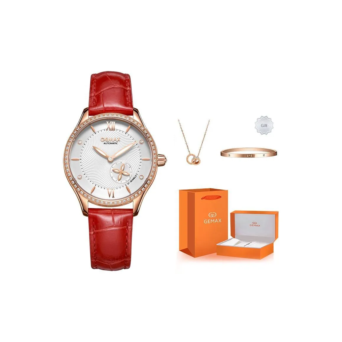 GEMAX Наручные часы Автоматический Механический Механизм Естественная Кожа Ремешок Часы Женские Белый Циферблат