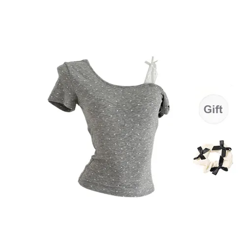 TORIGHT T Shirts Women's Gray+Bowknot Hair Tie Comes With