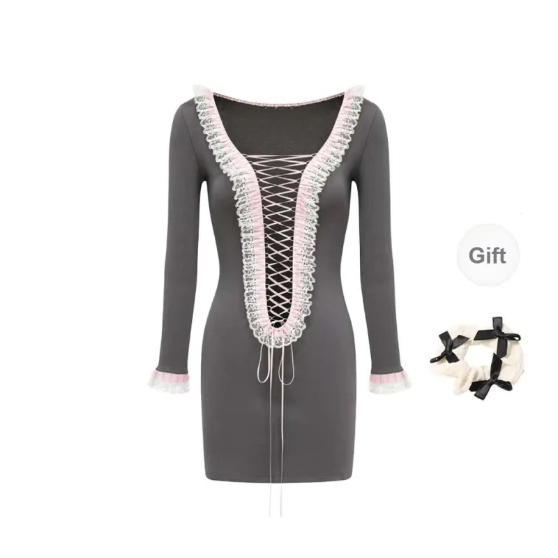 TURN UP Long Sleeved Dress Women's Gray Pink+Bowknot Hair Tie Comes With-1
