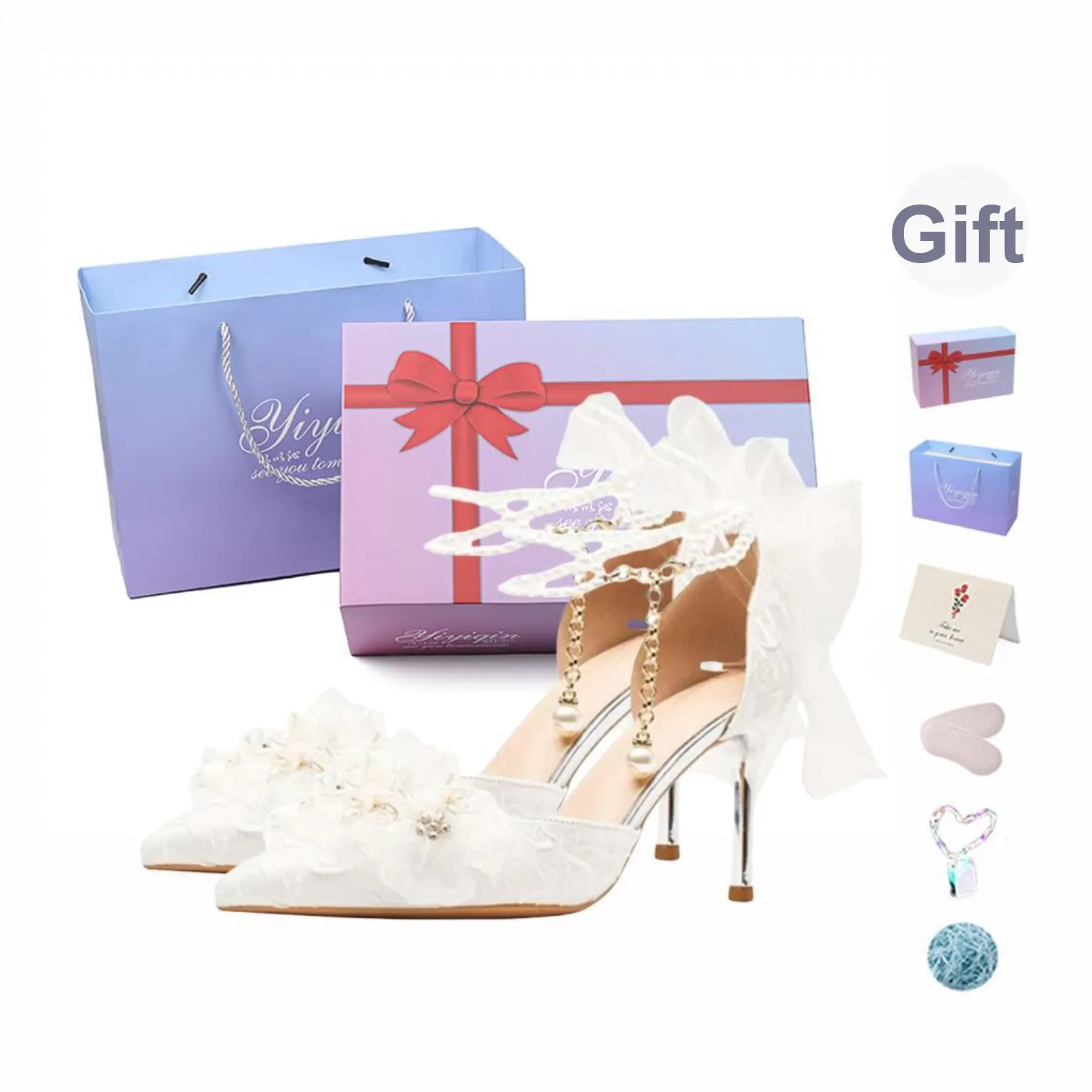 Take The Qin Slim Heel High Heels 6cm Women's Pearl White Gift Box Set
