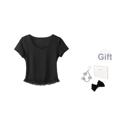 Fstudio Корейский стиль Круглый вырез Кружевная отделка Тонкий Однотонный Утягивающий на талии Короткий рукав Т-рубашки Женские