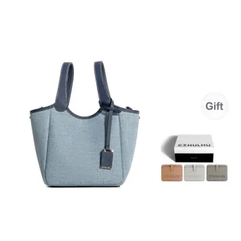 Cthulhu Cow Leather Denim Tag Basket Bag, Crossbody Handbag Medium Size Women's Blue