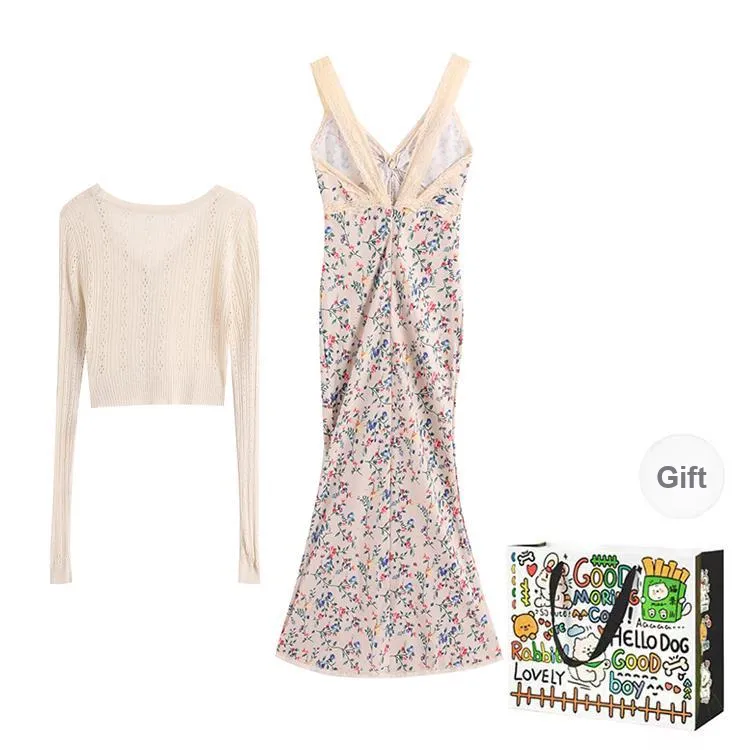 ZVJH Skirt Set Women's Apricot Cardigan+Floral Dress-1