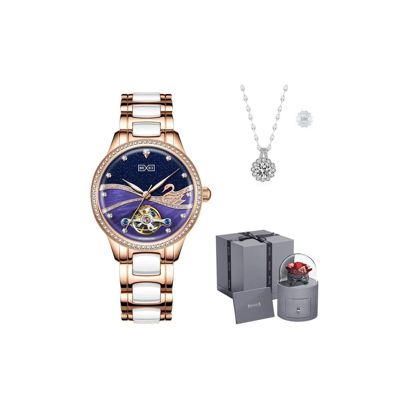 BEXEI Swan Collection Mechanical Movement Ceramic Strap Watch Women's Watch Purple Watch Dial