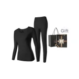 Women's Crew Neck Clothing Sets (Night Black) German Fleece Heating/Seamless Antibacterial