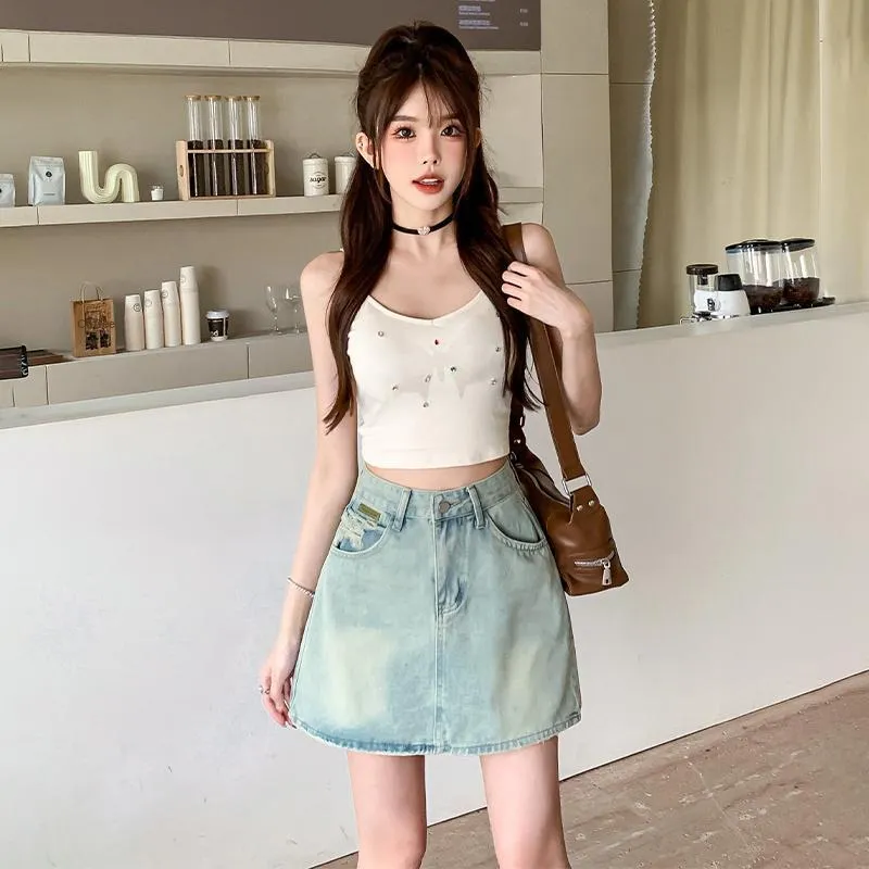 Ordifen Denim Short Skirts Women's Light Blue-2