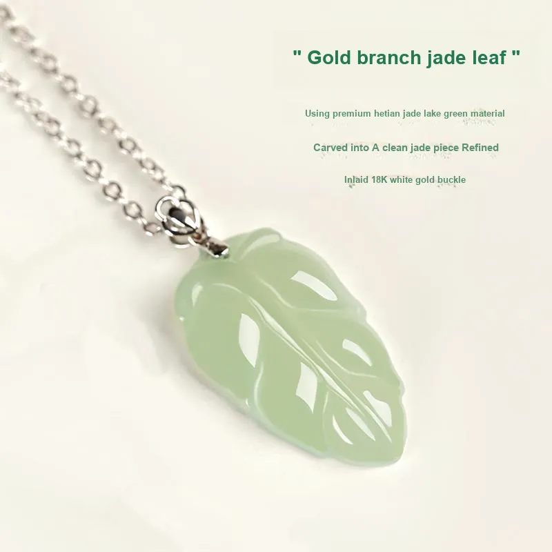 KUNYUYAO 18K Gold Inlaid Leaf Pendant Jade Pendant White Jade Unisex-2