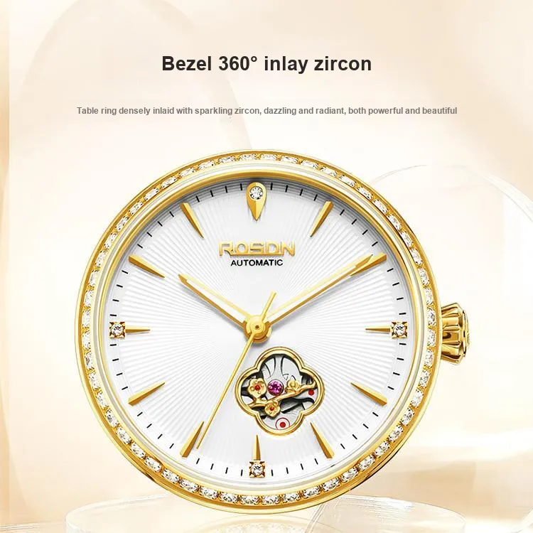 ROSDN Four Leaf Clover Collection Mechanical Movement Cow Leather Strap Watch Women's Watch White Dial-4