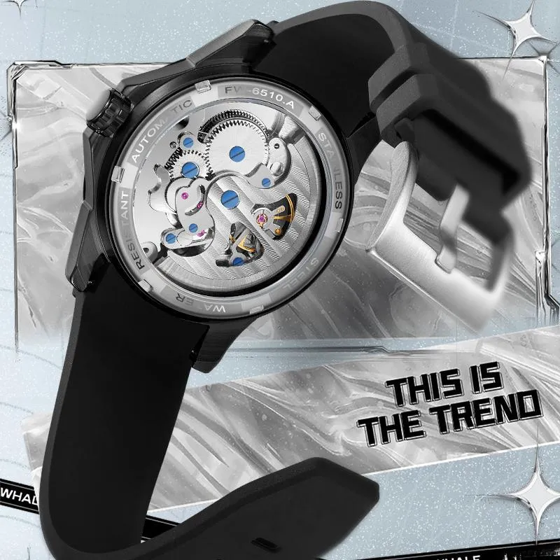 FAIRWHALE Automatic Mechanical Movement Rubber Strap Watch Men's Watches Black Dial-2