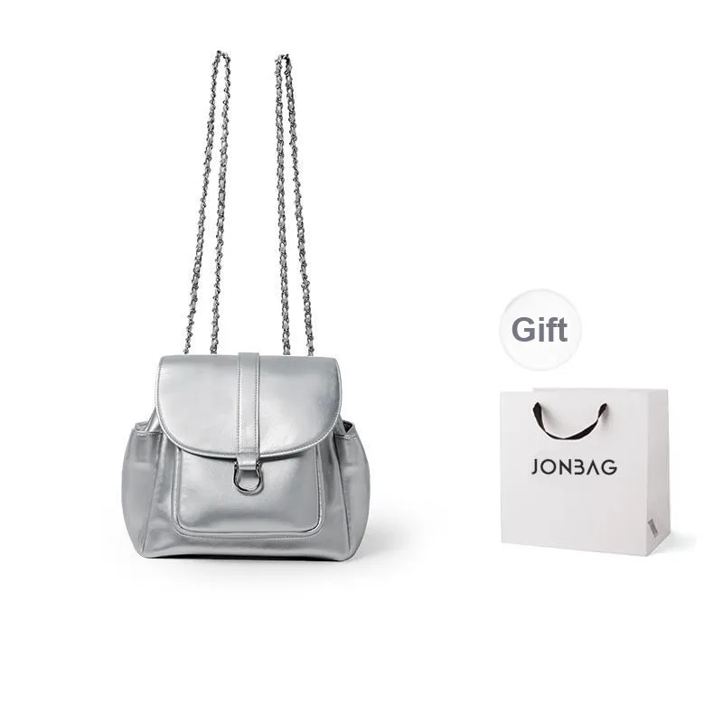 JONBAG Synthetic Leather Backpack Handbag Medium Size Women's Metallic Silver Black-0