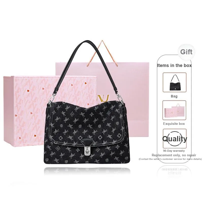 NUCELLE Fabric Denim Bag Shoulder Bag Crossbody Bag Medium Size Women's Tannin Blue/Twilight Black-4