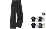 Black[Ice Silk Straight Leg Length Pants](Comes with Short-Sleeved T-Shirt)