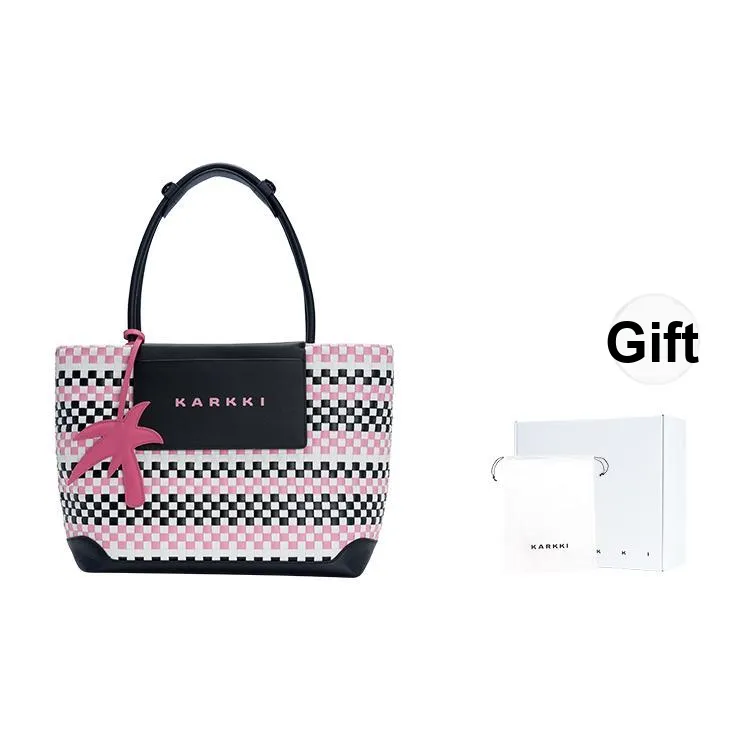 Karkki Лицевая коровья кожа большая вместимость сумка-тоут премиум соломенное плетение сумка для женщин большой размер женский розовый