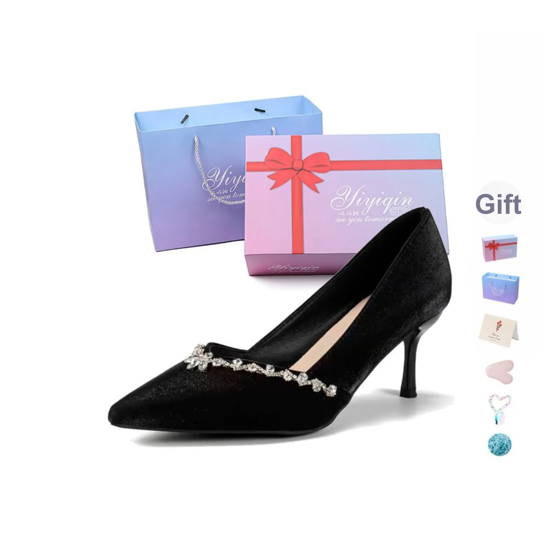 Take The Qin Slim Heel High Heels 7cm 9cm Women's Black Gift Box Set