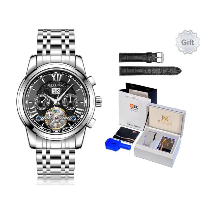 WSK Automatic Mechanical Movement Stainless Steel Watchband Men's Watches White Dial-1