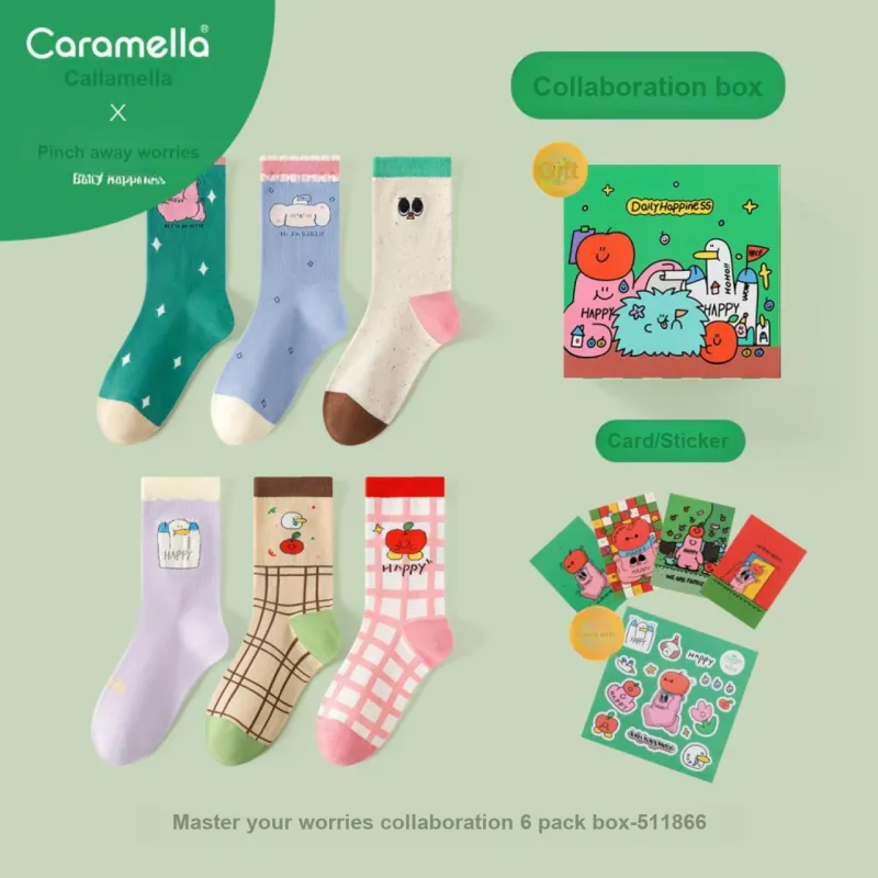 Caramella x NANIEFANNAO Mid Calf Socks Women's 6 Pack Mixed Color-3