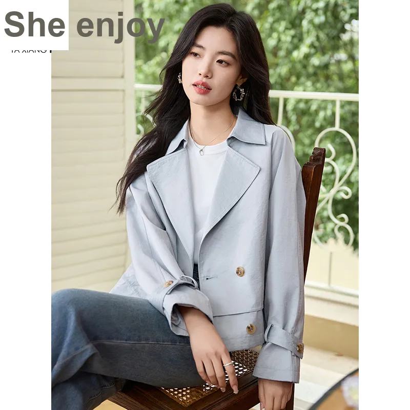 She Enjoys Cropped Coats Women's Light Gray Blue-5