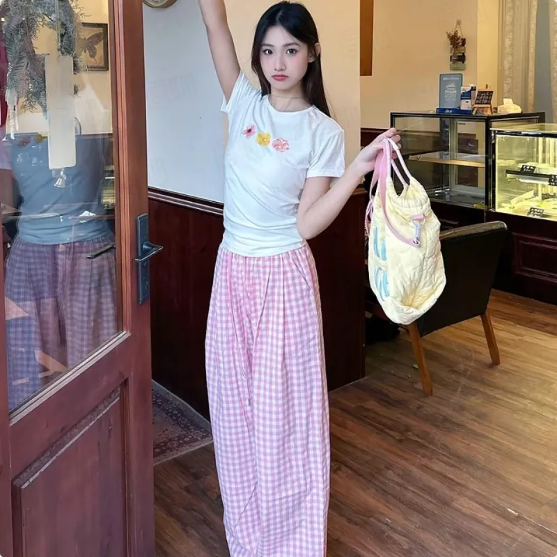 DOKZB Casual Pants Women's Pink Plaid-4
